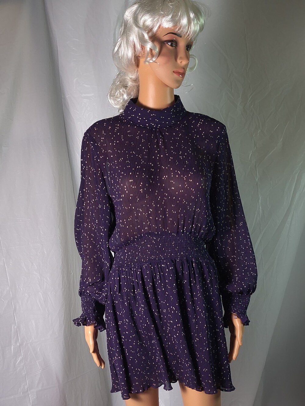 Zara Purple Polka Dot Pleated Romper Dress Women's L Smocked Open Back